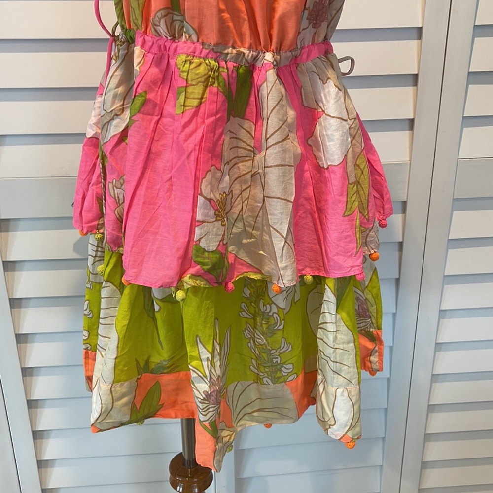 Farm Rio NWT Mixed Neon Garden Mini Dress with side adjustable drawstrings. - Picture 6 of 13